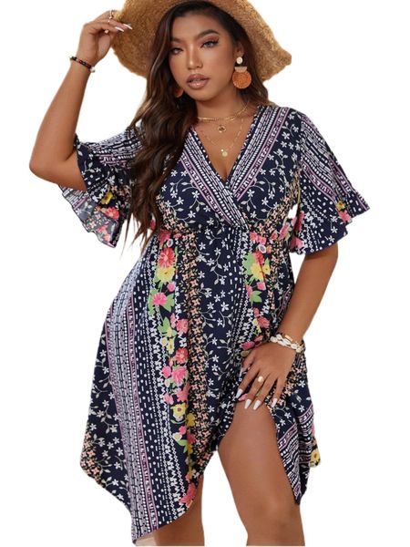 

plus floral print flounce sleeve dress n56q#, Black