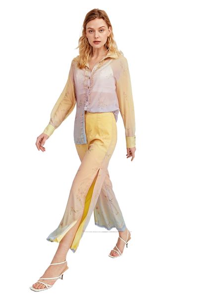 

x amiko floral print frill trim blouse & split thigh pants without bra j1lh#, White