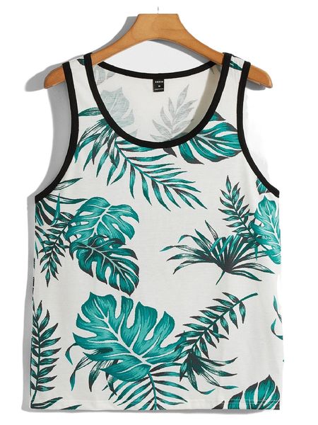 

men tropical print contrast binding tank 53np#, White;black