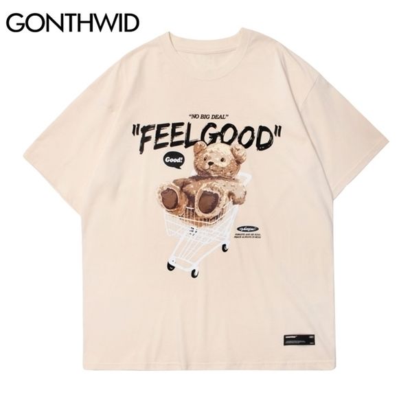 

gonthwid short sleeve tees harajuku streetwear toy bear shopping cart print t-shirts cotton casual hip hop loose tshirts 220418, White;black