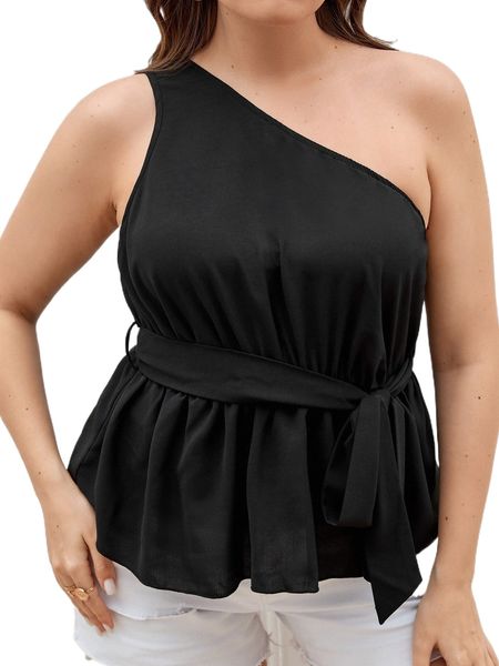 

plus one shoulder belted blouse o5fv#, Black