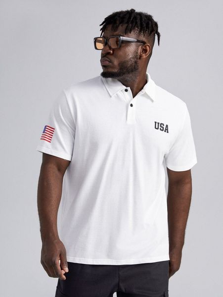 

extended sizes men american flag & letter graphic polo shirt h8f9#, White;black