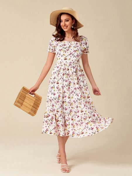 

floral print square neck ruffle hem dress r9n5#, Black;gray