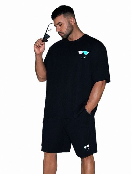 

extended sizes men reflective cartoon graphic tee & shorts 62wv#, Gray