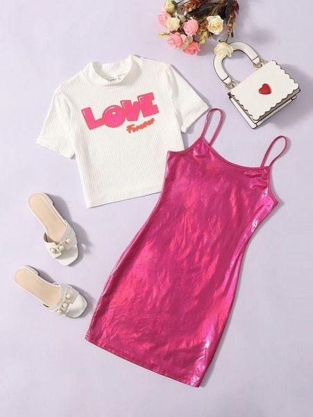 

girls mock neck letter pattern tee & metallic cami dress she, White