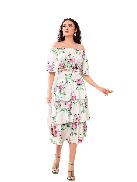 

floral print frilled off shoulder & shirred layered hem skirt y29x#, White