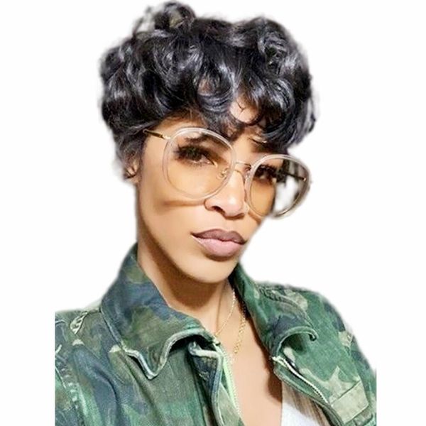 

short curly afro wigs for women wavy black wig with bangs, cute fashion natural looking human hair pixie cut wigs, Black;brown
