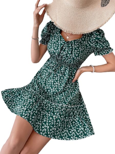 

ditsy floral print tie front ruffle hem dress m5ke#, Black;gray