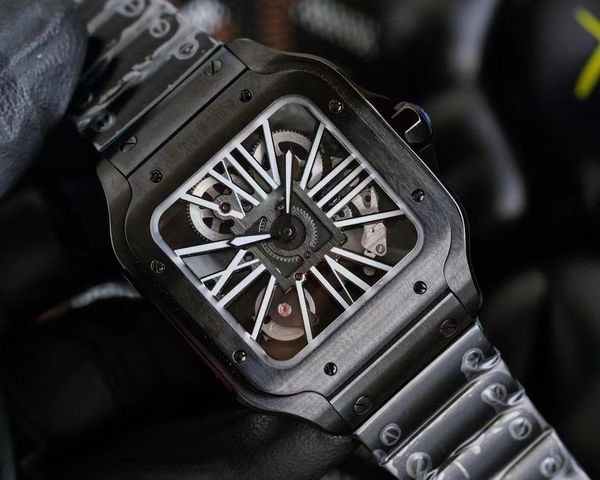 

luxury men's square skeleton collection black stainless steel watch 39.8mm size automatic mechanical movement double layer foldover cla, Slivery;brown