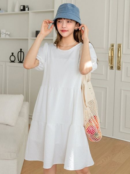 

dazy solid puff sleeve ruffle hem smock dress y9om#, Black;gray