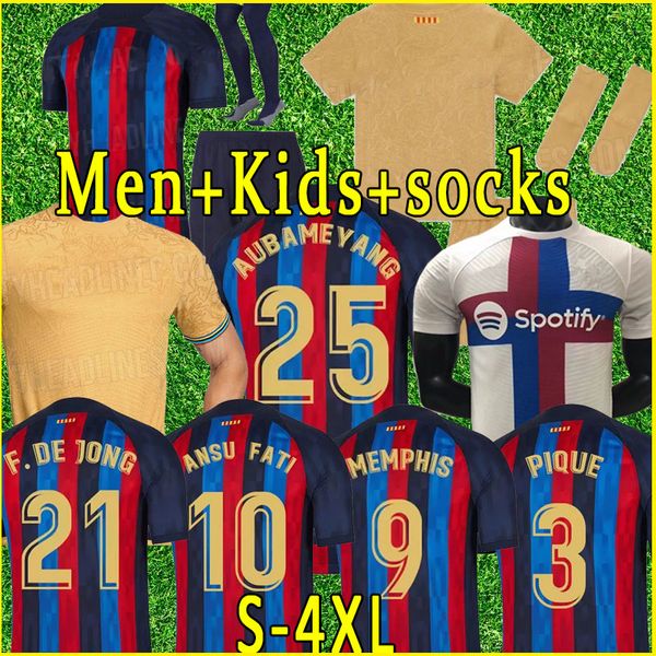 

barcelona player version soccer jersey 21 22 23 camiseta de futbol ansu fati 2022 2023 griezmann f.de jong maillots de men kids kit full set, Black;yellow