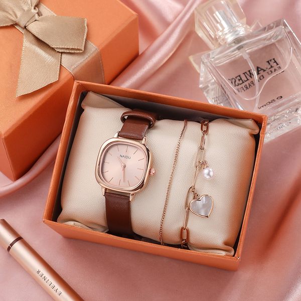 

korean version of small fresh 2 piece watch set titanium steel double heart bracelet pu leather quartz watch gift d2, Slivery;brown