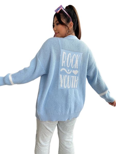 

plus letter graphic rib-knit drop shoulder cardigan u24d#, Black