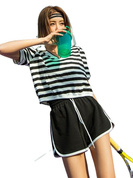 

dazy contrast binding drawstring waist shorts p9dj#, White;black