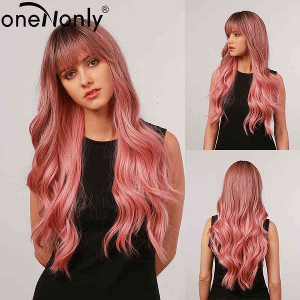 

hair synthetic wigs cosplay onenonly long body wave ombre brown pink synthetic wigs with bangs natural for women cosplay wig heat resistant, Black