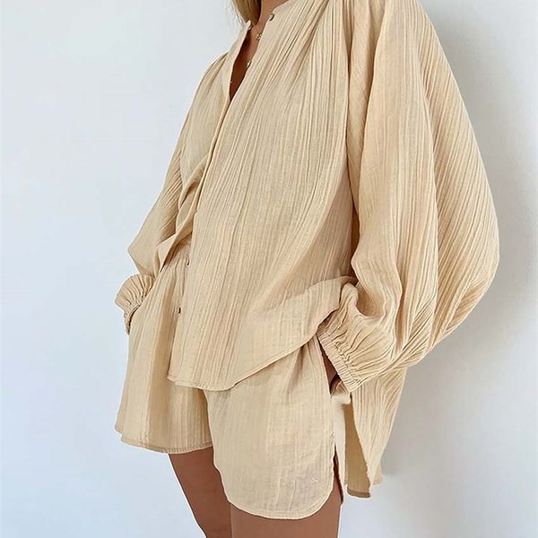 

clacive elegant long sleeve blouse set of two fashion pieces for women summer apricot shorts set casual loose suits with shorts 220704, White