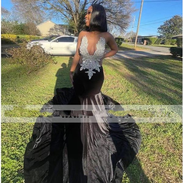 

black prom dresses 2022 for african women velvet beading sleeveless party formal mermaid evening gowns