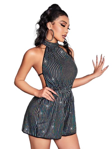 

sxy holographic halter neck backless knot sequin romper e651#, Black;white