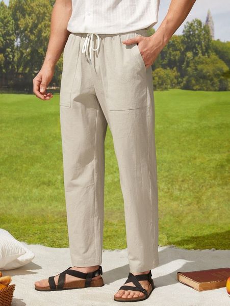 

men 1pc drawstring waist straight leg pants j8wx#, Black