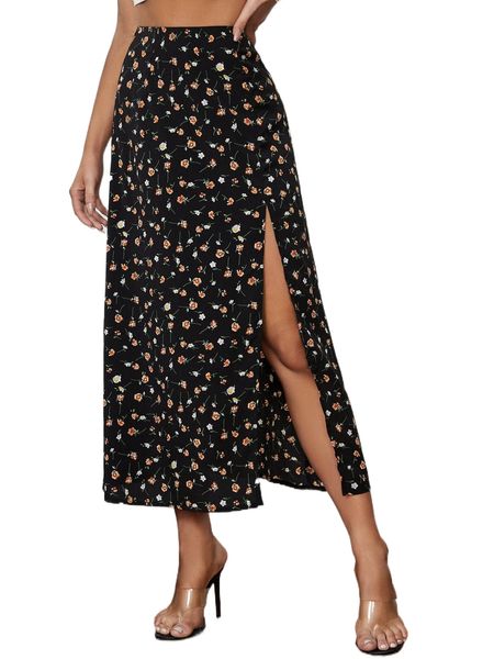 

tall high waist ditsy floral split thigh skirt y41j#, Black