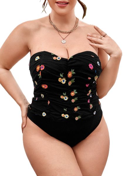 

plus floral embroidered mesh ruched tube bodysuit k6oi#, Black