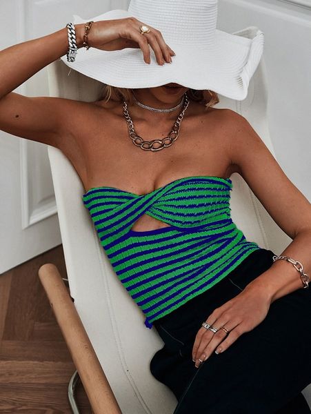 

stripe pattern twist front tube knit x4ck#, White;black