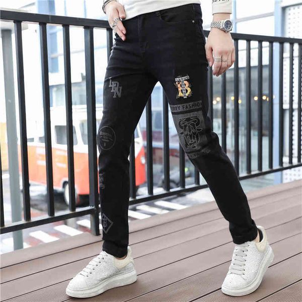 

jeans men's 2022 autumn and winter new letter sequin leggings slim fit fashion korean trend printed pants, Blue