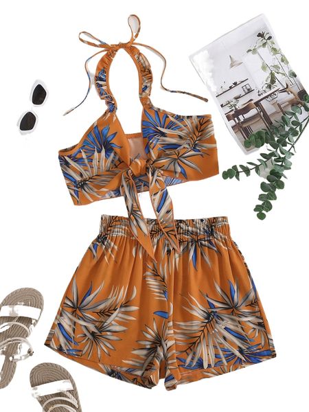 

tropical print ruffle trim knot front crop halter & shorts x4ap#, White