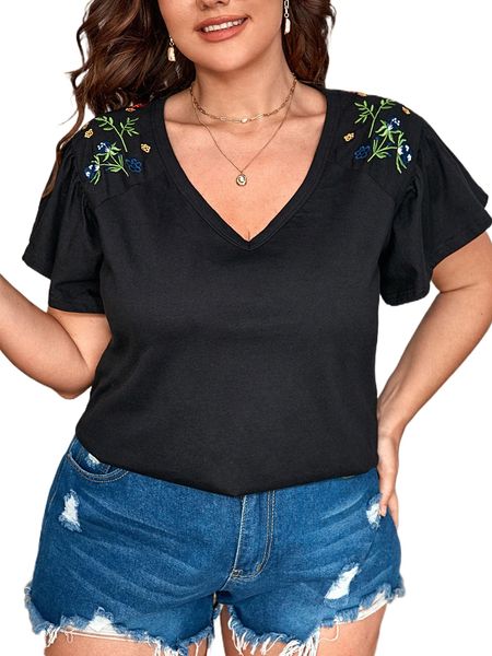 

plus floral embroidery butterfly sleeve tee e5bb#, Black