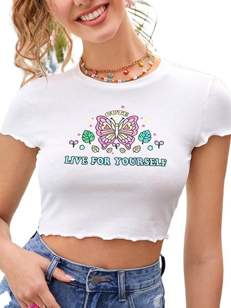 

slogan & butterfly print lettuce trim crop tee 72ec#, White