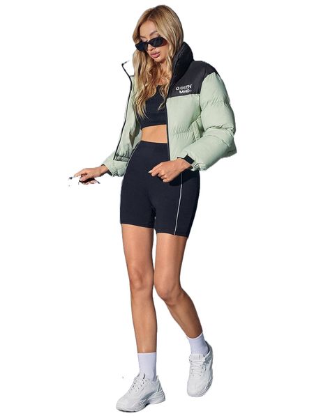 

color block letter graphic zipper puffer coat m6ef#, Black