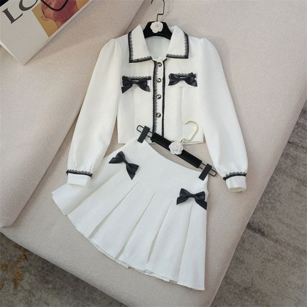 

spring fall small fragrance two piece set women crop bow short jacket coat + pleated skirts sets korean sweet 2 suits 220318, White