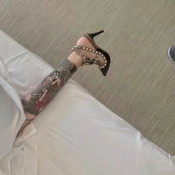 

womens sandals shoes riveted sandals classic high heels genuine leather patent matte luxury fashion wedding pointed nightclub banquet, Black