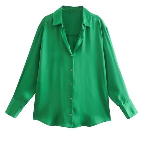 

traf women fashion office wear loose basic satin shirts vintage long sleeve button up female blouses blusas chic 220810, White