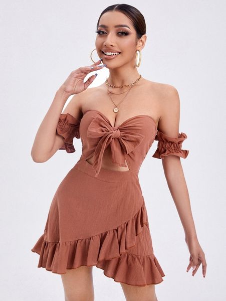 

petite solid knot front frill trim off shoulder dress j4ua#, Black;gray