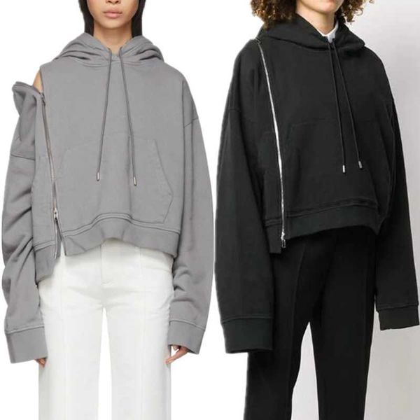 

autumn and winter 20 irregular side zipper removable hoodie pocket drawcord long sleeve sweater terry loose top, Black