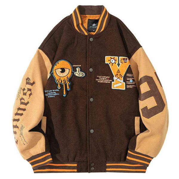 

jacket mens varsity letter eyeball embroidery patchwork baseball jacket 2021 winter streetwear oversized bomber jacket t220728, Black;brown
