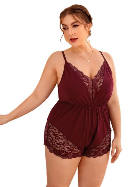 

plus contrast lace cami sleep jumpsuit g30m#, Black;white