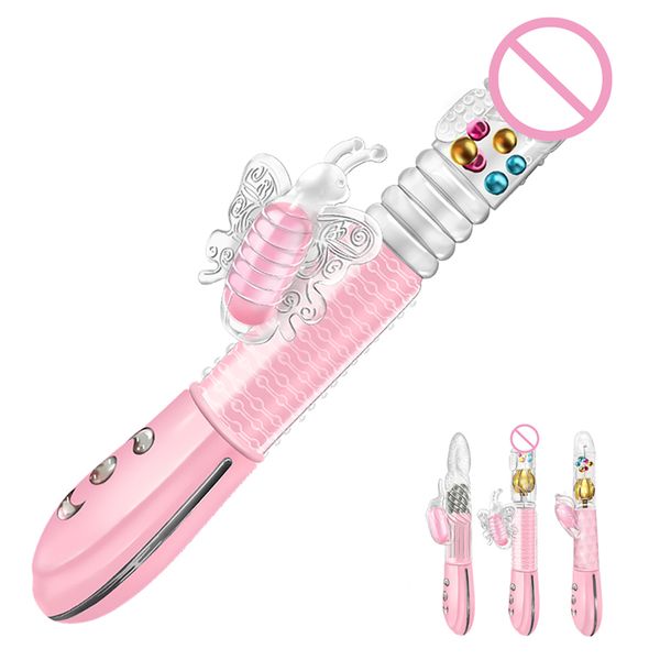 Vibratore del coniglio Vibrazione telescopica Rotazione della sfera incorporata Punto G Dildo Masturbazione femminile Giocattoli sexy per adulti per donna