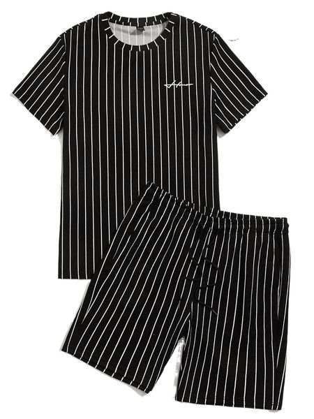 

men letter and striped print & shorts set i8aq#, Gray