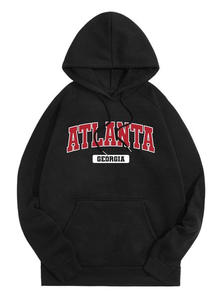 

men letter graphic raglan sleeve drawstring thermal hoodie 90wp#, Black