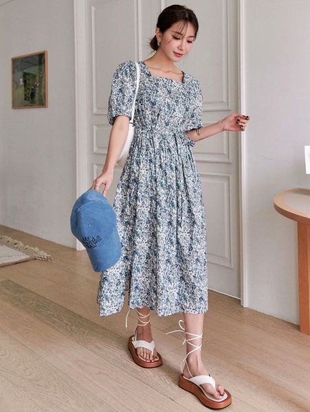 

dazy allover floral print puff sleeve square neck belted dress e4ox#, Black;gray