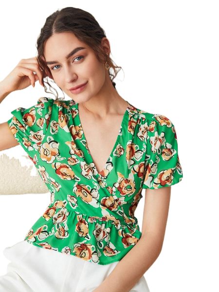 

floral print puff sleeve peplum k7sd#, White