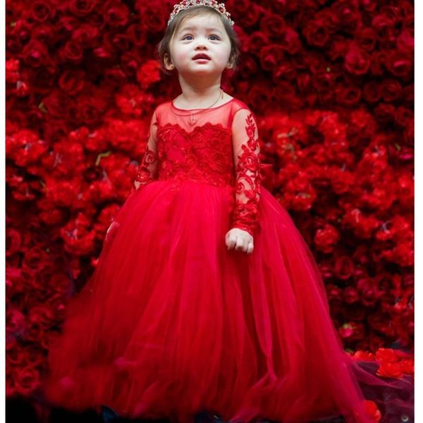 

2022 red lovely flower girls dresses for weddings jewel neck tulle handmade flowers long sleeves big bow princess kids birthday girl pageant, White;blue