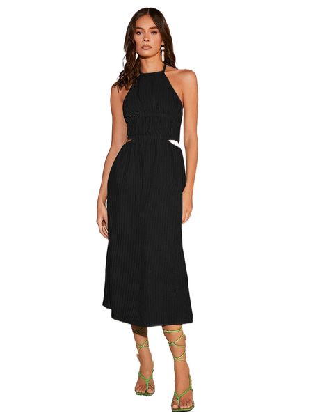 

cut out tie backless halter dress 40jd#, Black;gray