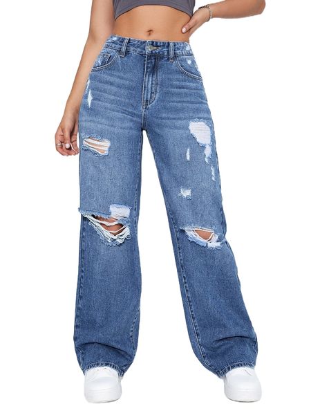 

ripped frayed wide leg jeans c4ig#, Blue