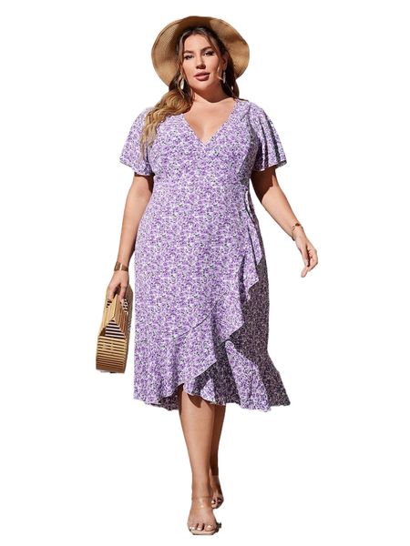 

plus ditsy floral butterfly sleeve wrap knot side dress g2uw#, Black