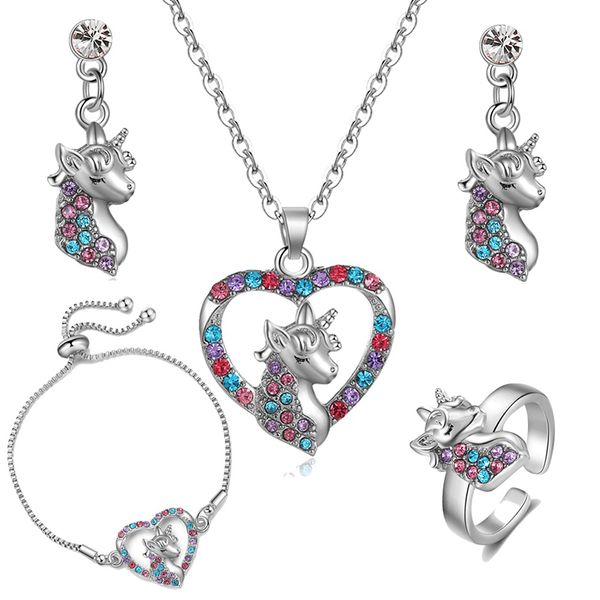 Niedliche Glücks-Geburtsstein-Einhorn-Halskette, Armband, Schmuck-Sets, verstellbarer Ring, Ohrstecker für Frauen, Pferd, Geschenk
