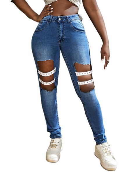

sxy cut out studded detail skinny jeans 84bs#, Blue