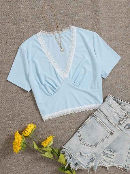 

guipure lace trim ruched crop tee 25gk#, White